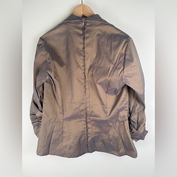 Tadashi Shoji Brown Metallic Y2K Top V-Neck Full Zip Ruched Size 14 - Picture 2 of 8
